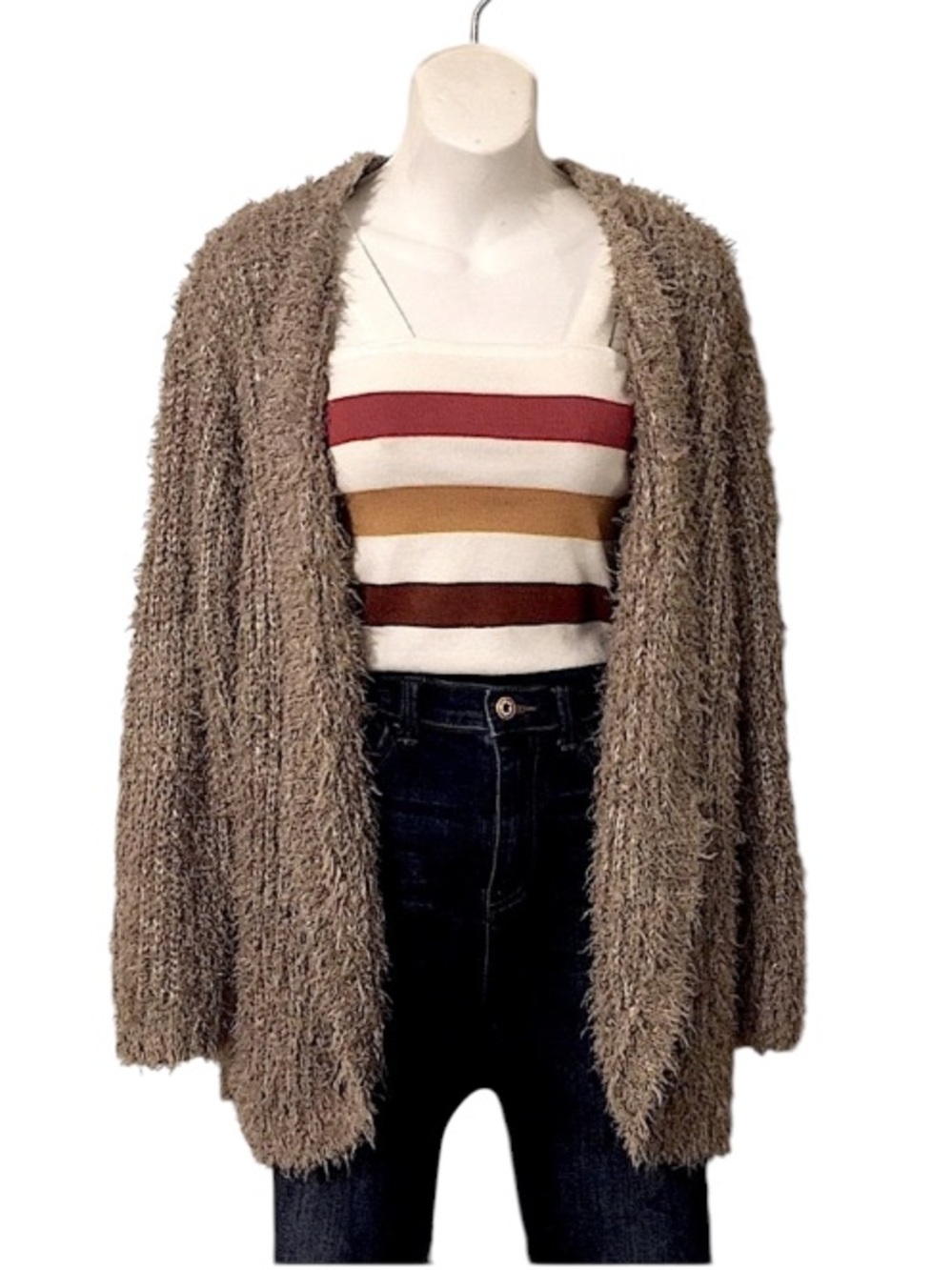 Kenzie Women’s Cozy Knit Oatmeal Tan Brown Fuzzy Eyelash Open Cardigan Sweater S